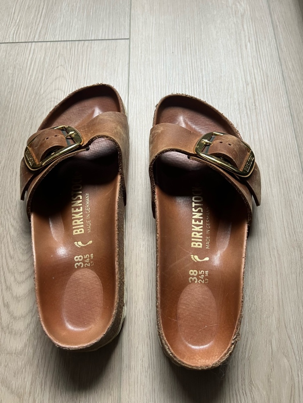Birkenstock Single Strap Slide Sandals in Brown with Gold Buckles - Picture 2 of 2